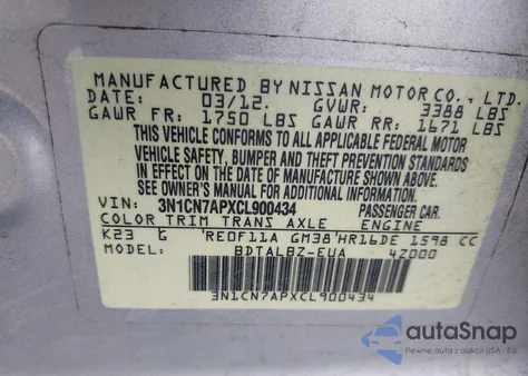 2012 Nissan Versa 1.6 Sv z USA, uszkodzony, nr VIN 3N1CN7APXCL900434